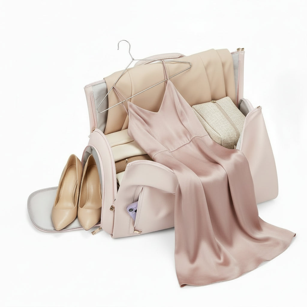 Rosa Triply duffelbag - åpen med innhold